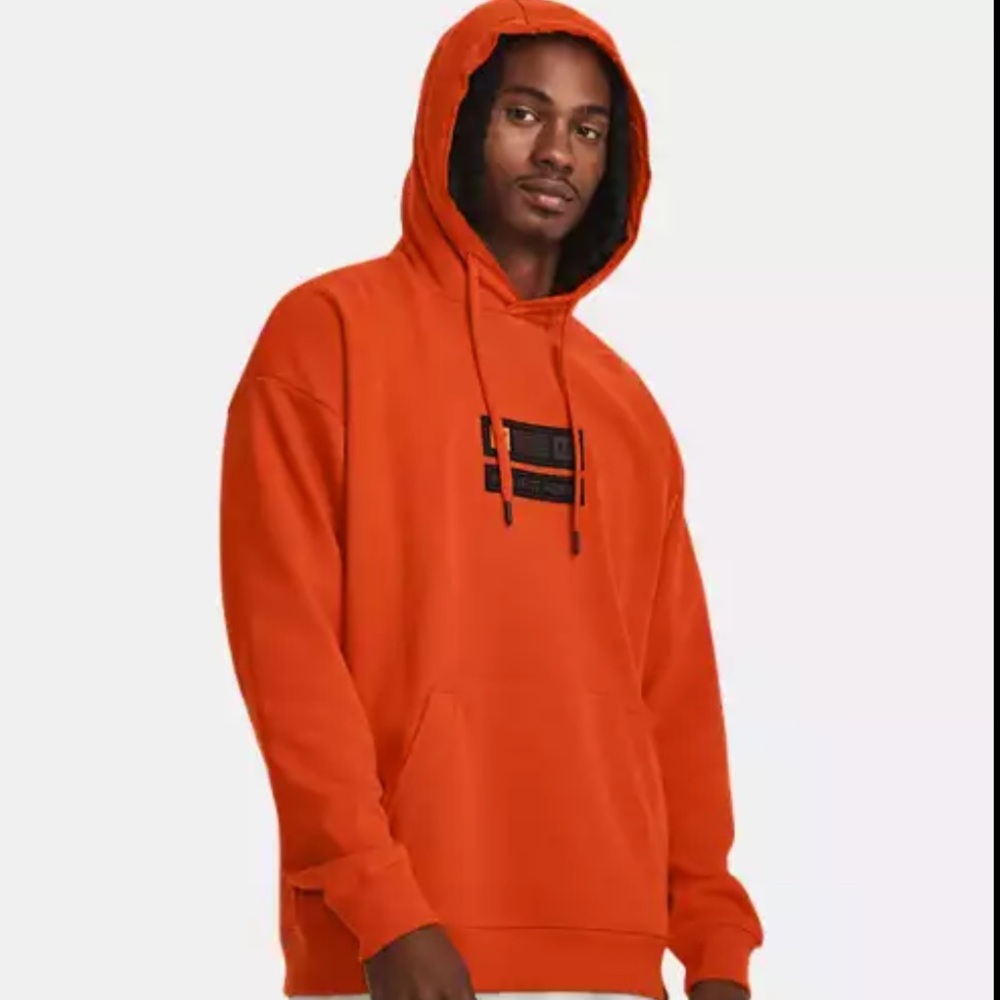 Men’s Under Armour Project Rock Vet’s Day Heavyweight Hoodie Orange Size Medium